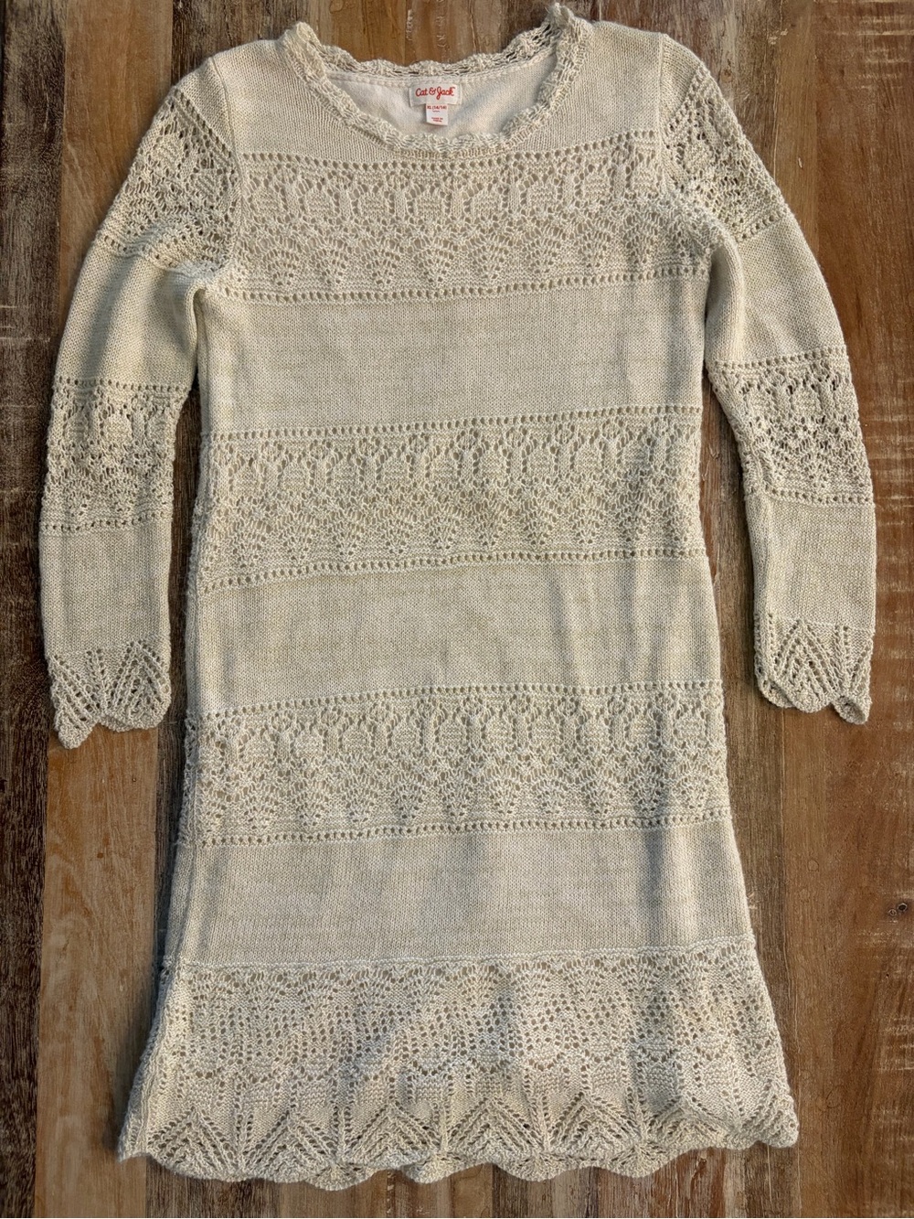 Cat & Jack 2 Knit Dresses Cream Gold Lace Long Sleeve Pullover Girls XL 14 / 16